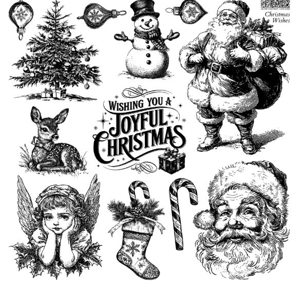 Vintage-style Christmas illustrations including Santa Claus, trees, and snowmen